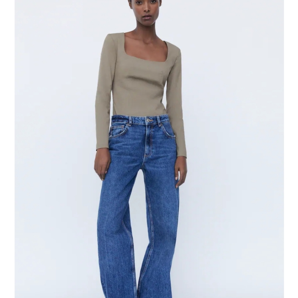 Zara Long Sleeve Square Neck Taupe Bodysuit